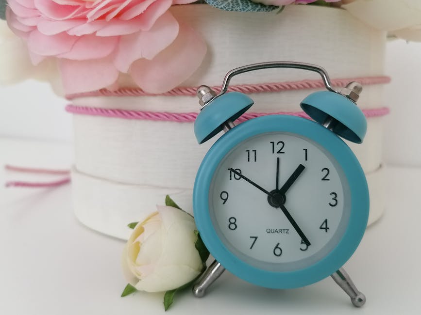 A light blue vintage-style alarm clock with twin bells on top and a black hour, minute, and second hand, displaying the time as 1:50. In front of the clock is a single white rose with green leaves, re